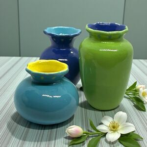 Set of 3 Colorful Small Ceramic Flower Vases for Rustic Home Decor